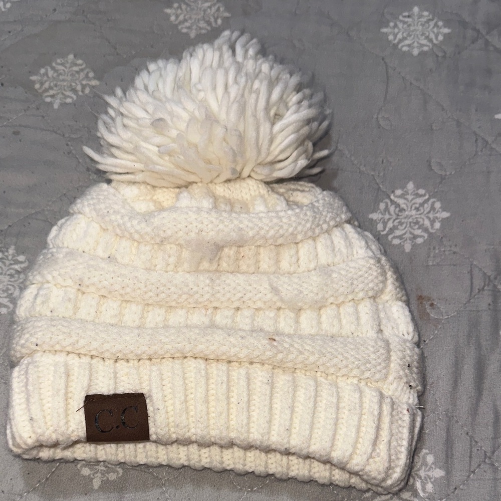 Kids White Knit Beanie with Pom-Pom
